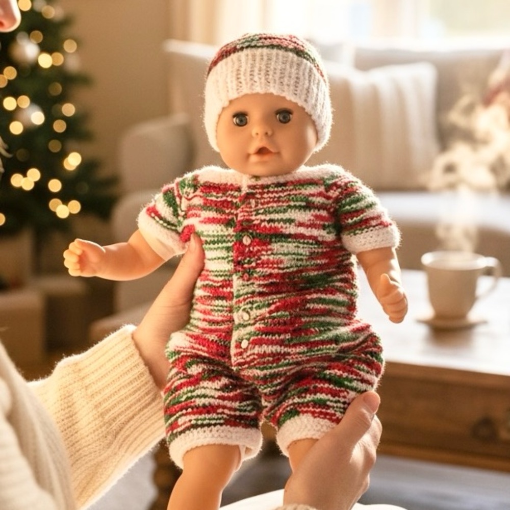 Baby Christmas One Piece Onzie Hand Crafted Reindeer Hat Knit Red Green White